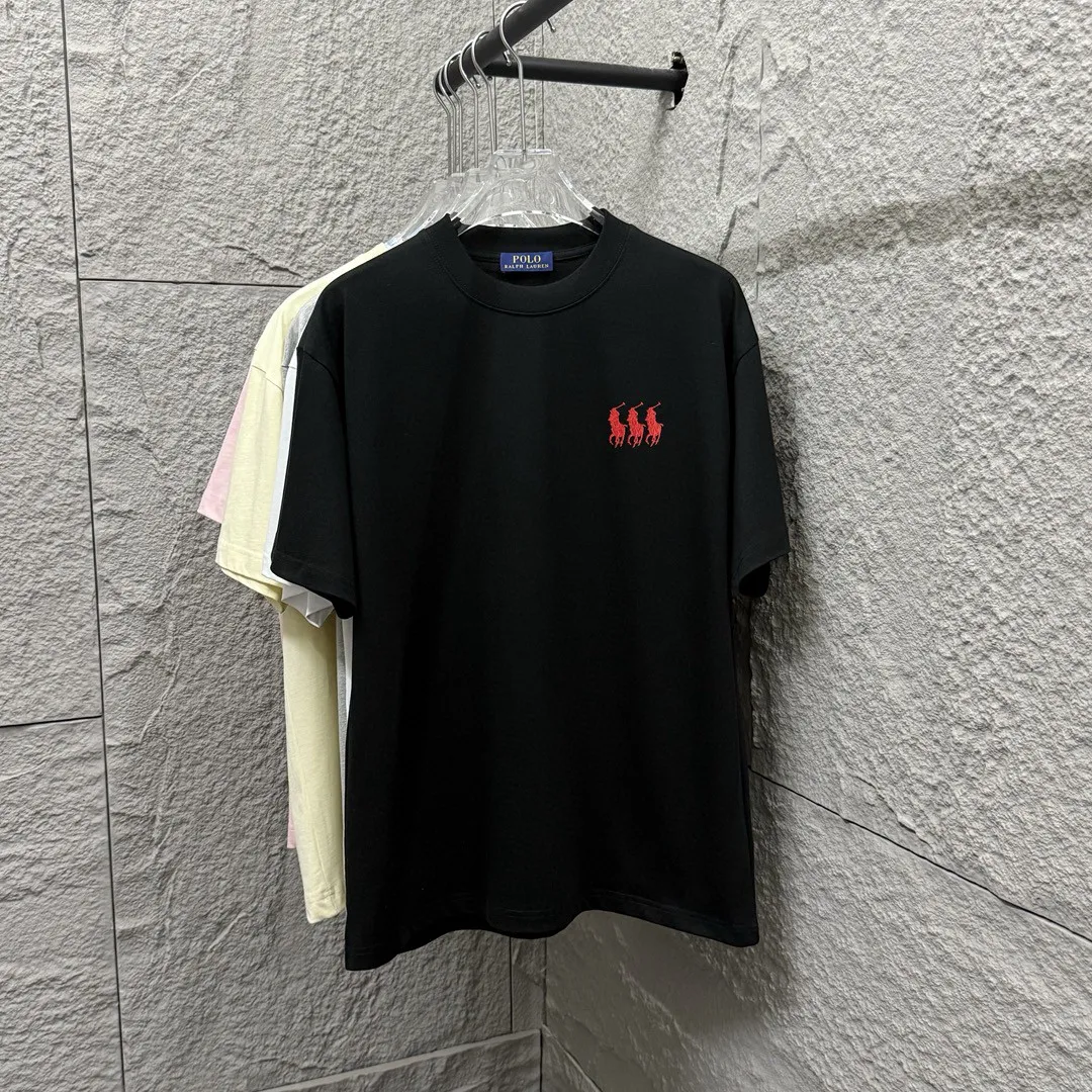 🅿️180 Polo* Ralph Lauren 2025 spring and summer new style Classic three little pony embroidery Customized double yarn plain cotton fabric Short-sleeved T-shirt Unisex Color: Black White Size: S (90-130 pounds) M (120-150 pounds) L (140-165 pounds) XL (160-180 pounds) XXL (180-210 pounds)